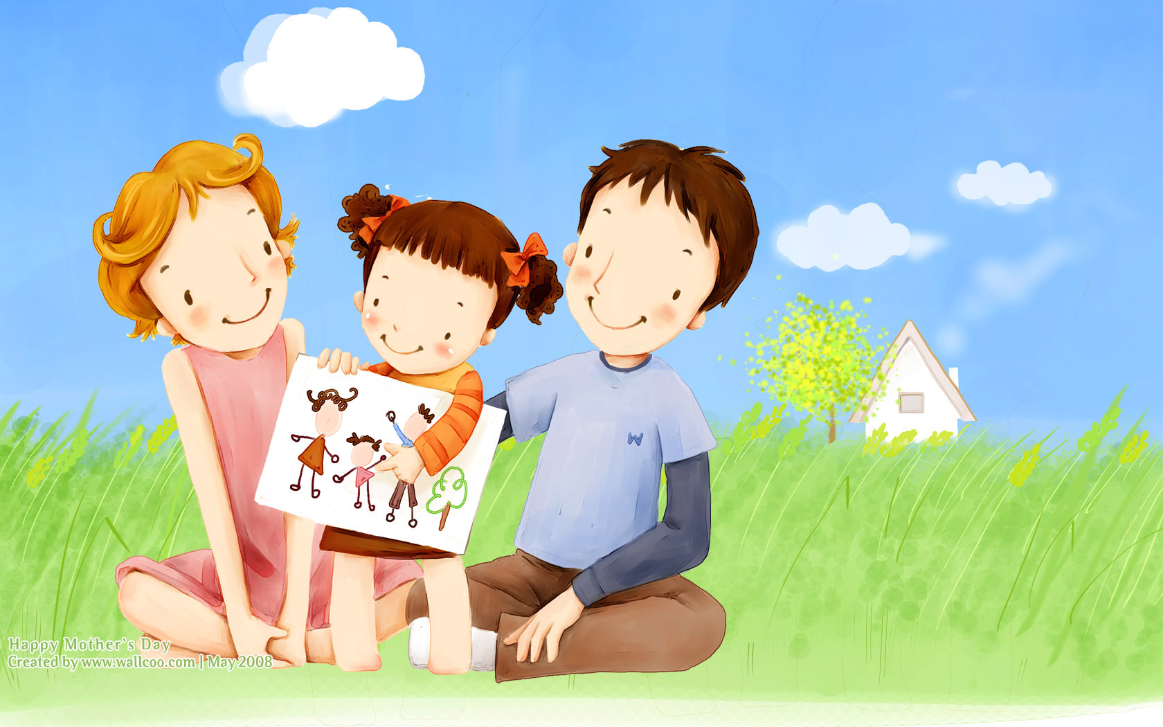 Lovely_illustration_little_girl_showing_family_drawing_to_parents_wallcoo.com
