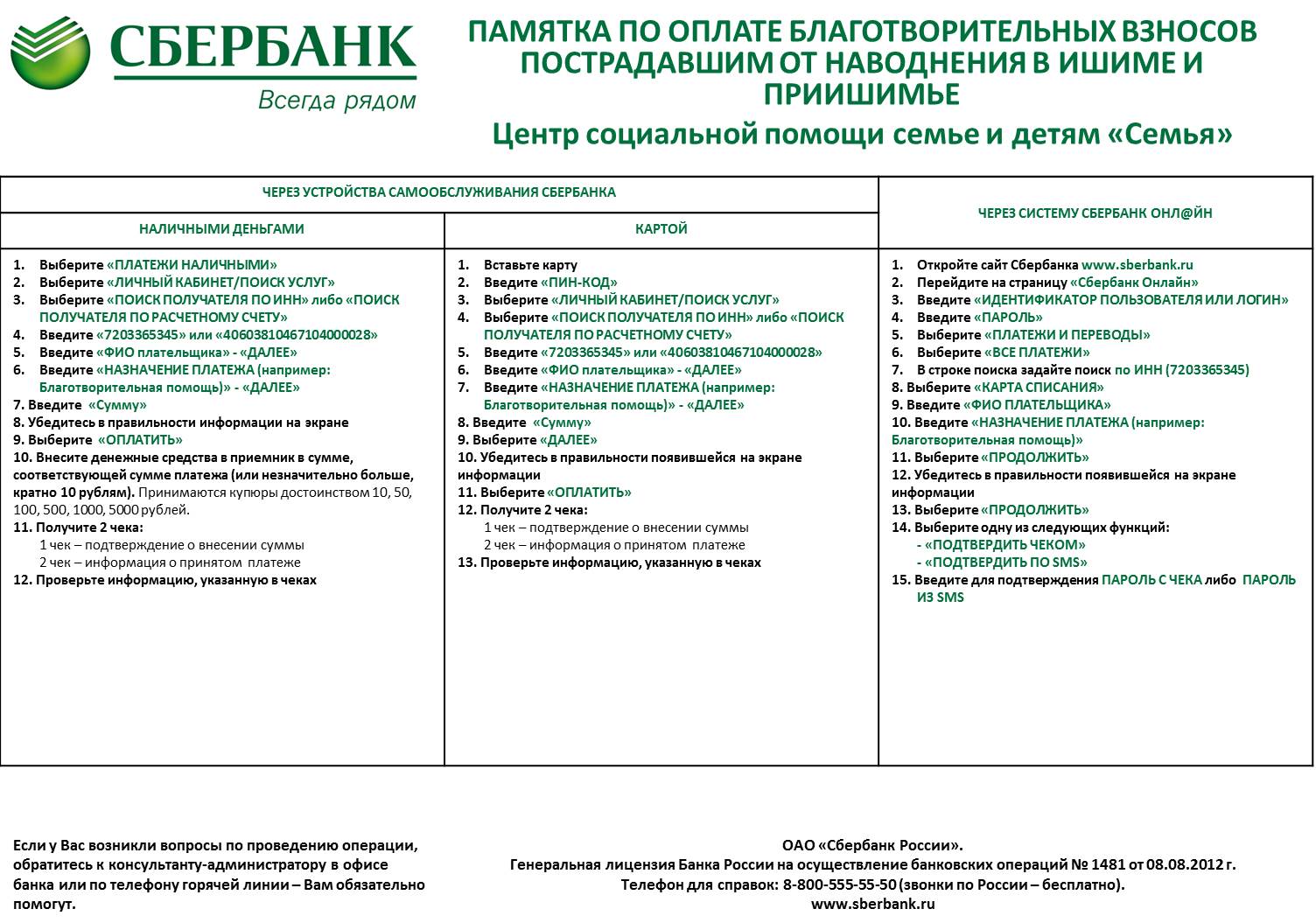 Памятка по перечислению средств на счет